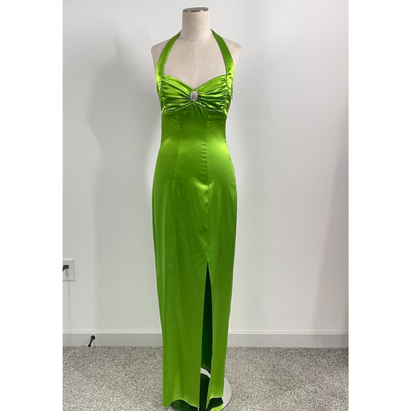 Mary L Couture Dresses & Skirts - VTG Dress Y2K Women 8 Chartreuse Satin Femme Rhinestone Halter Hollywood Regency
